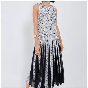 Tuckernuck Midnight Garden Floral Pleated Midi Dress Black White Grey Size 6